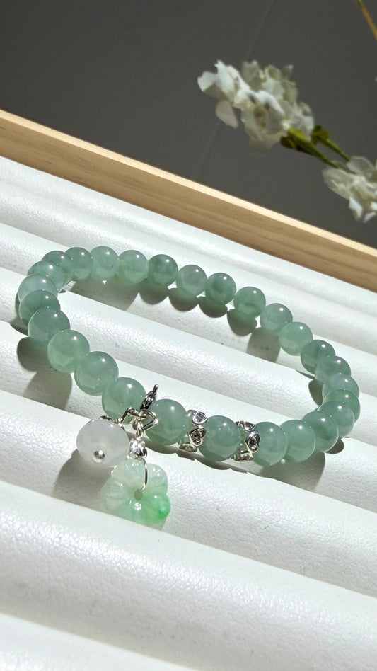 Natural Green Jadeite Jade Bead Bracelet with Flower Charm | Grade A Jade