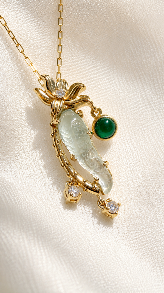 Natural Icy Jadeite Jade Koi Pendant in 18K Gold