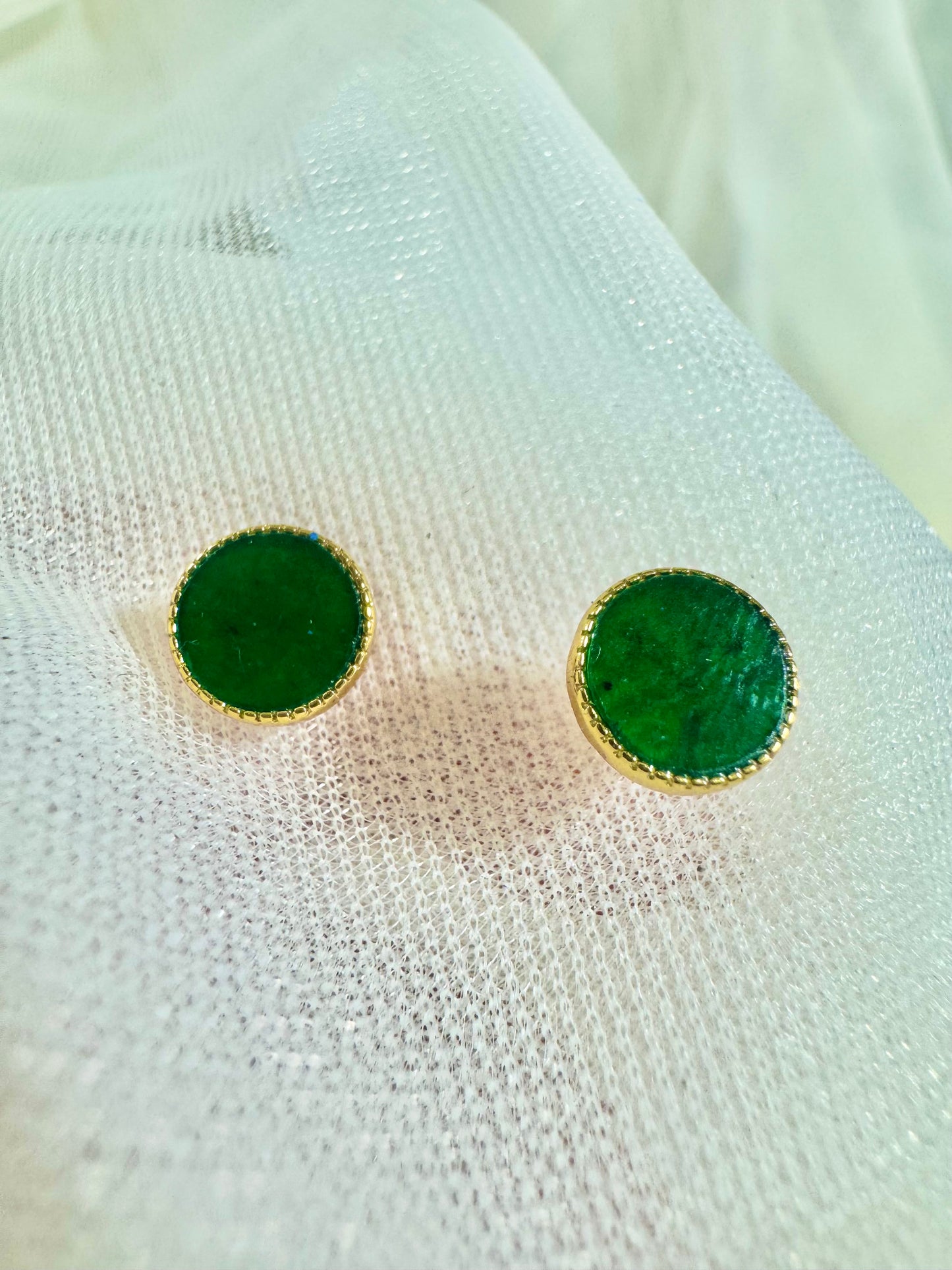 Silver Gold Plated Jade Studded Round Earring