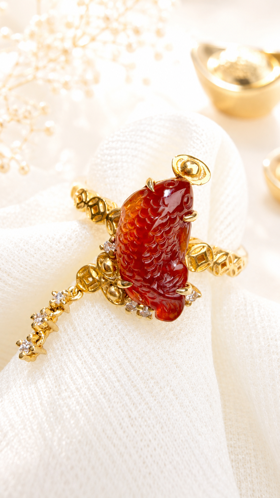 Natural Untreated Red Jadeite Jade Koi Ring in 18K Gold