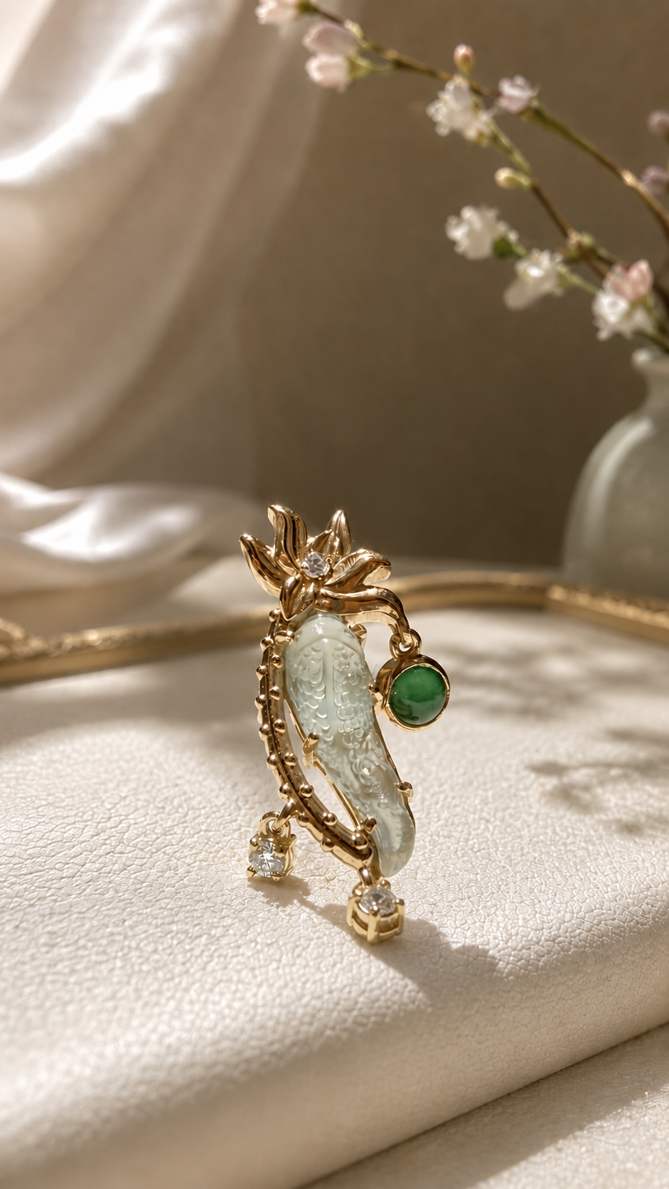 Natural Icy Jadeite Jade Koi Pendant in 18K Gold