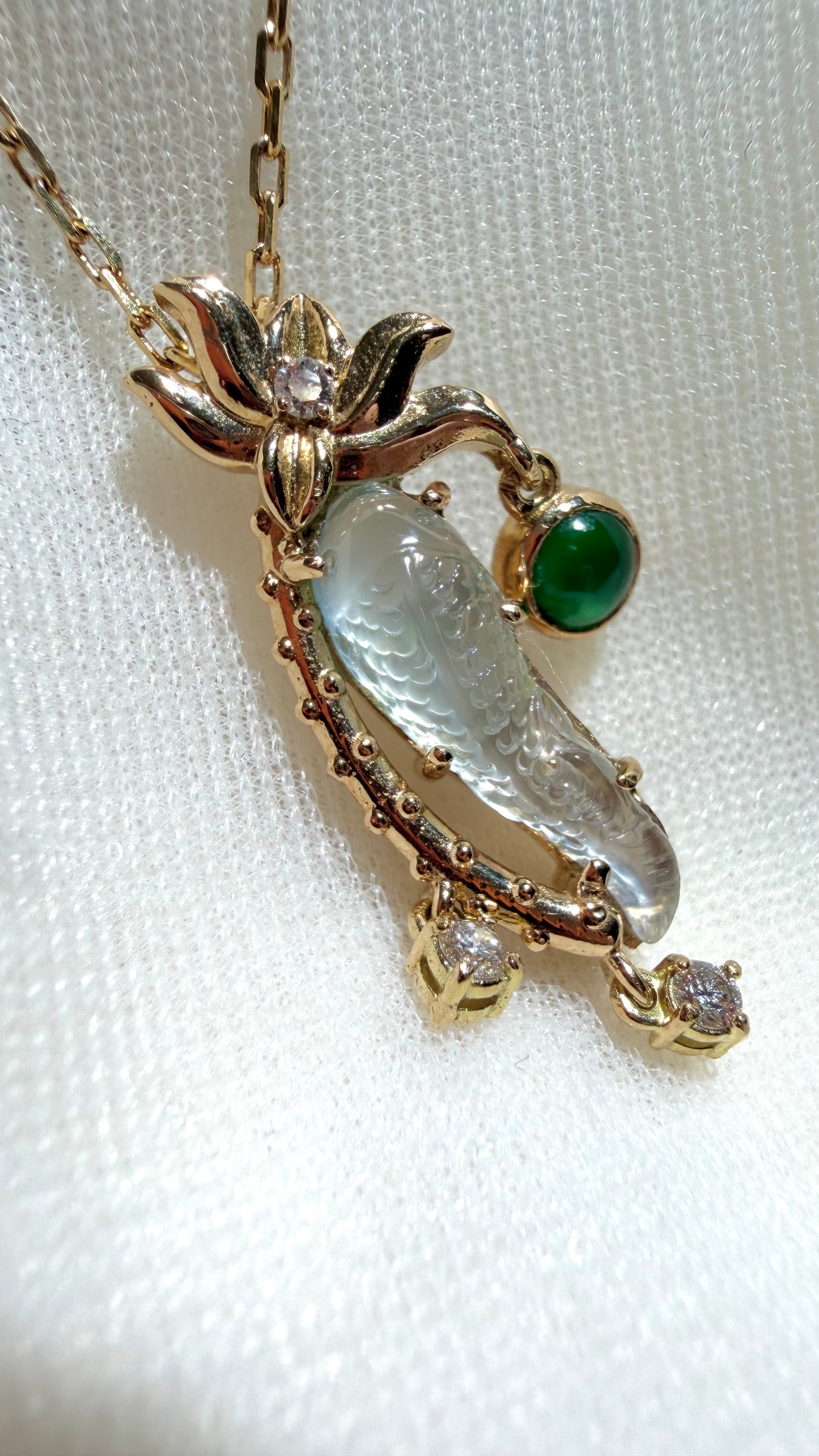 Natural Icy Jadeite Jade Koi Pendant in 18K Gold