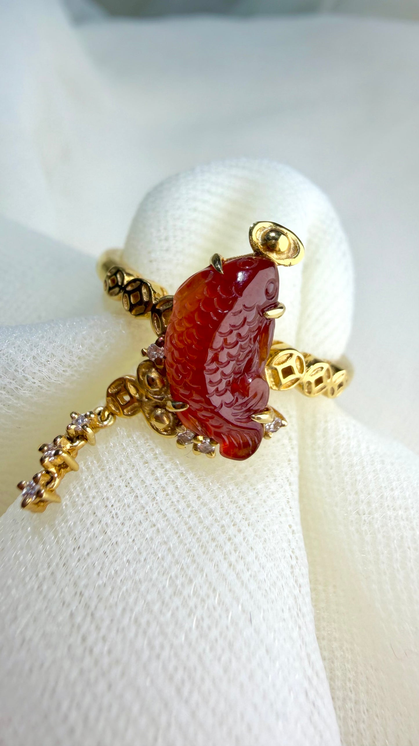 Natural Untreated Red Jadeite Jade Koi Ring in 18K Gold