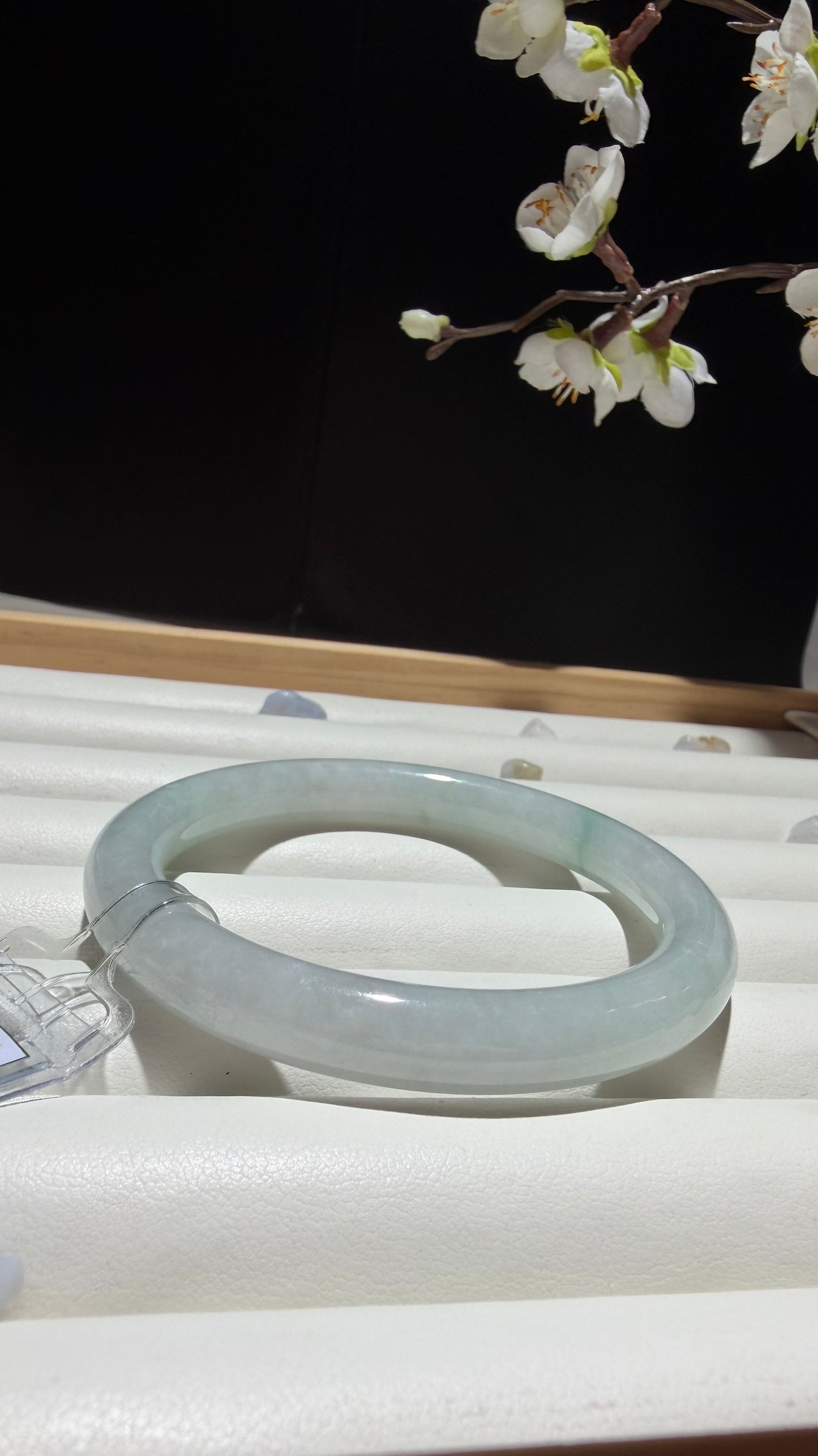 White Jade with Emerald Whisper | Natural Myanmar Jadeite Jade Bangle
