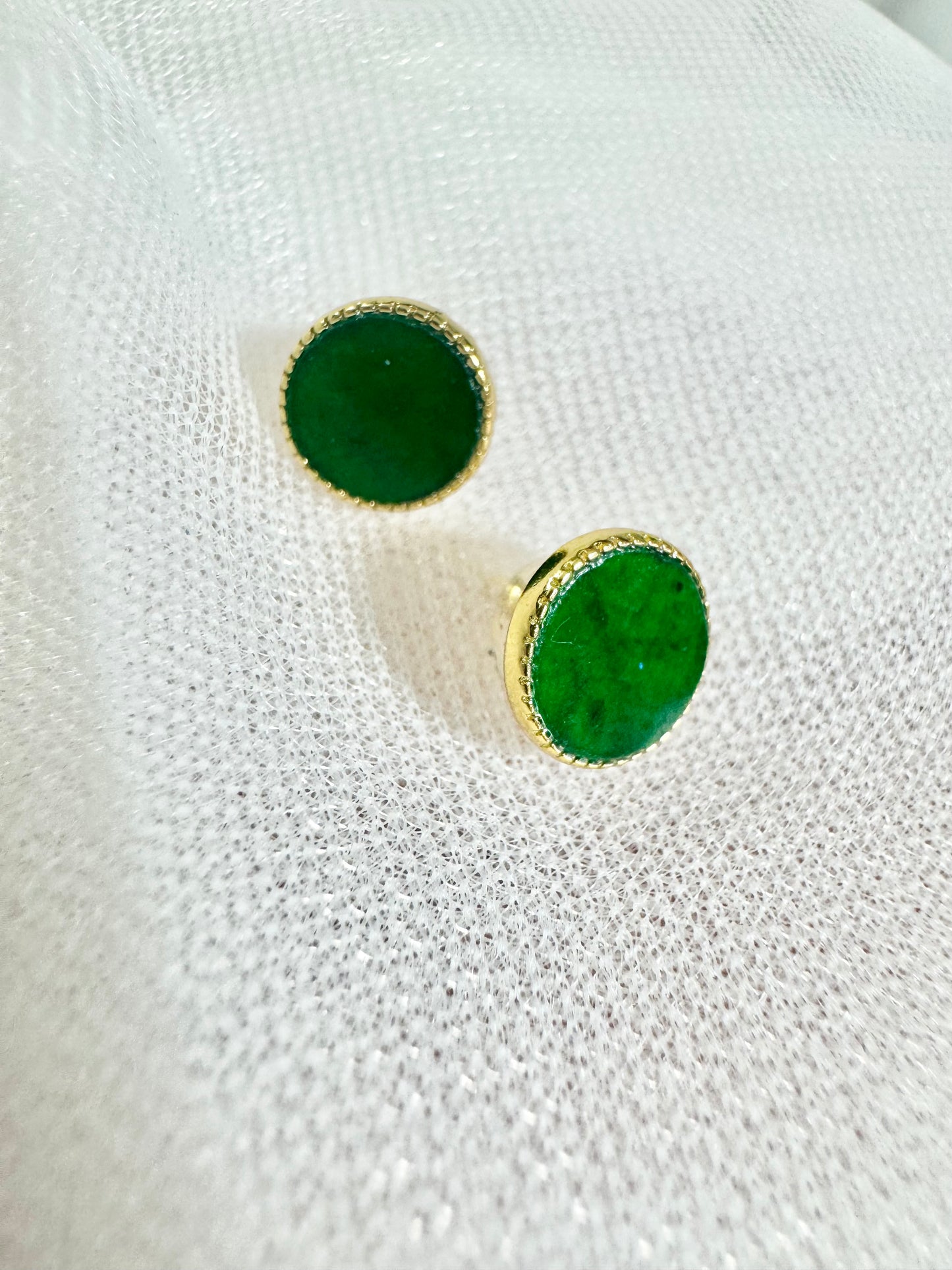Silver Gold Plated Jade Studded Round Earring