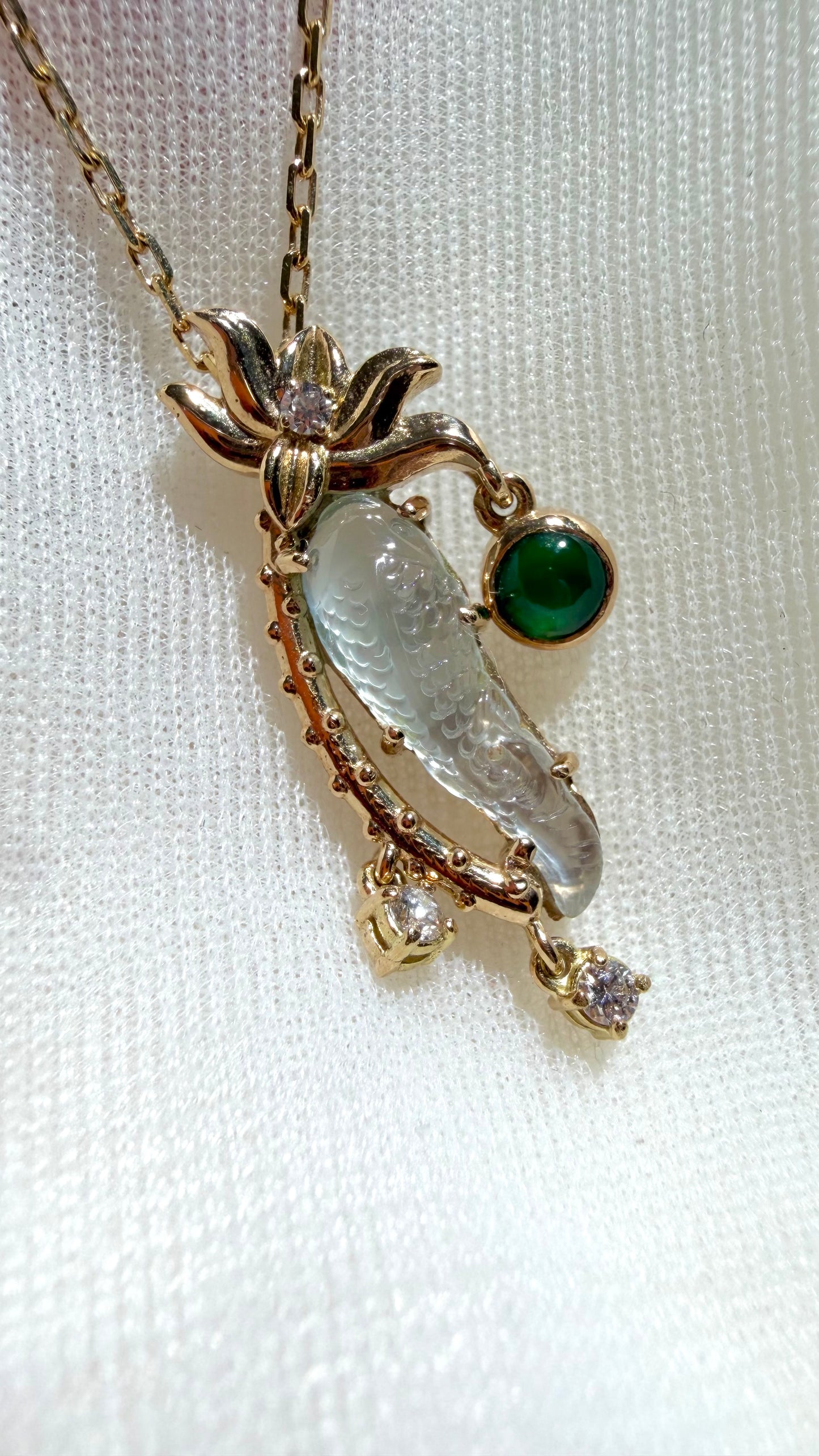 Natural Icy Jadeite Jade Koi Pendant in 18K Gold