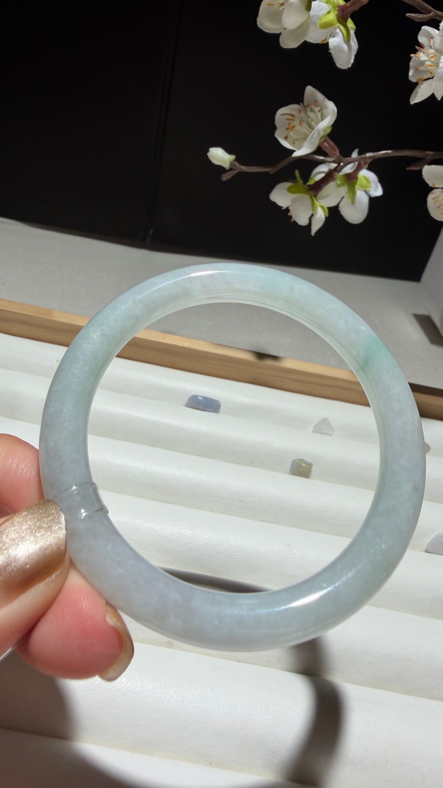 White Jade with Emerald Whisper | Natural Myanmar Jadeite Jade Bangle