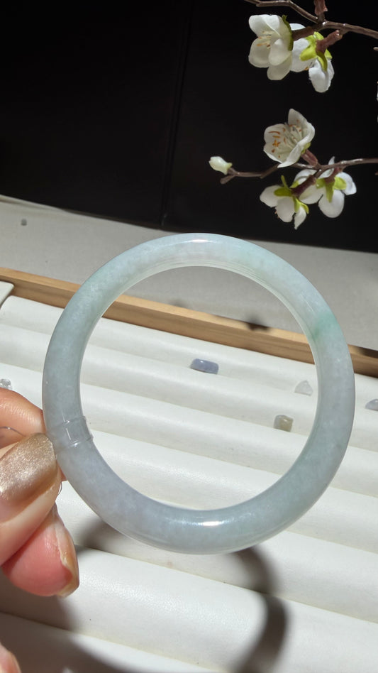 White Jade with Emerald Whisper | Natural Myanmar Jadeite Jade Bangle