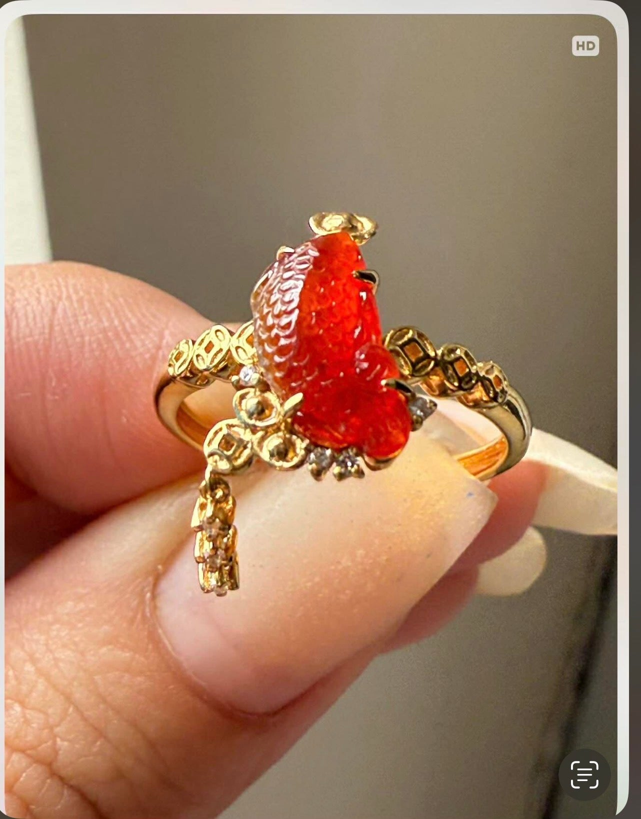 Natural Untreated Red Jadeite Jade Koi Ring in 18K Gold