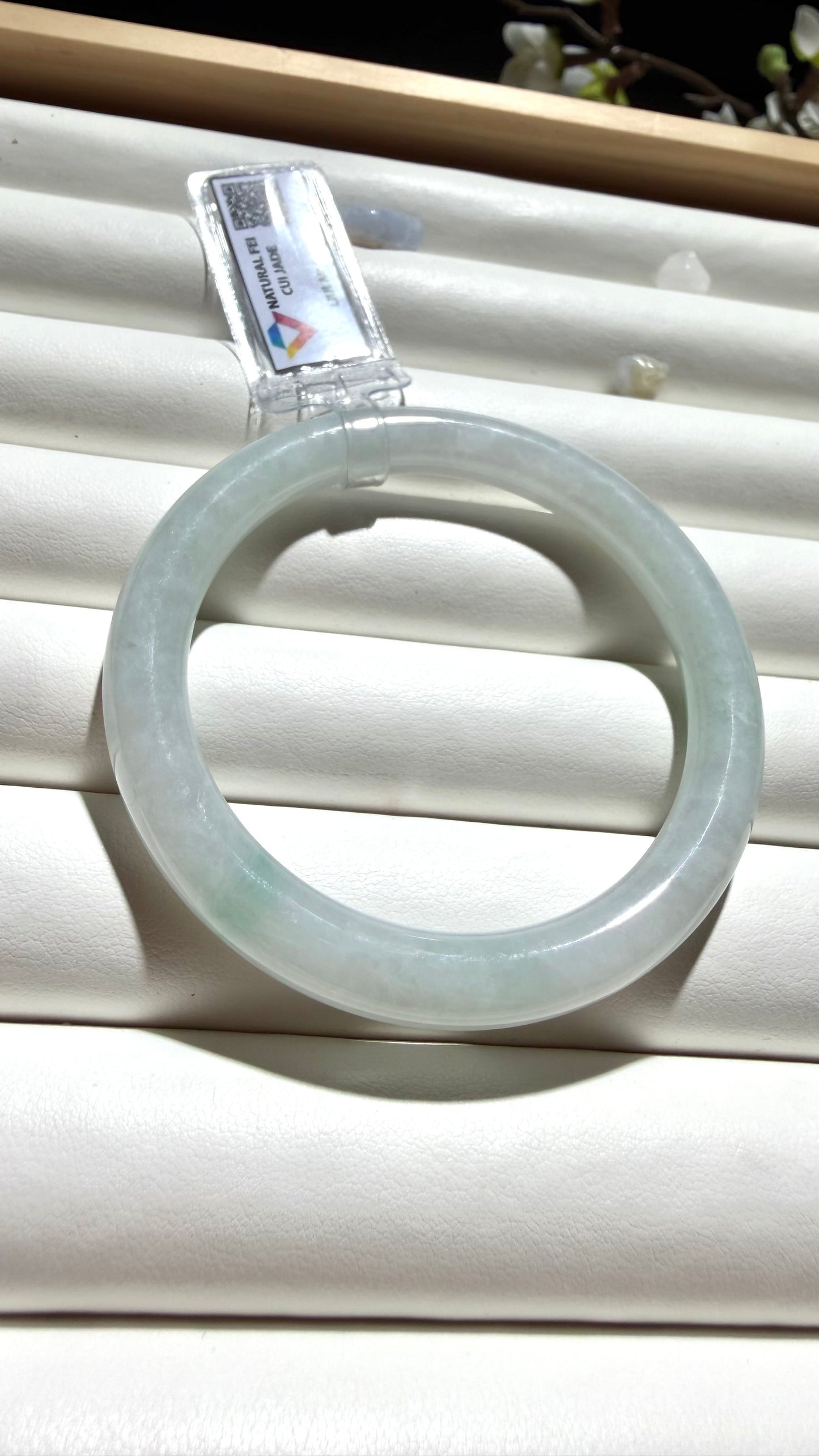 White Jade with Emerald Whisper | Natural Myanmar Jadeite Jade Bangle