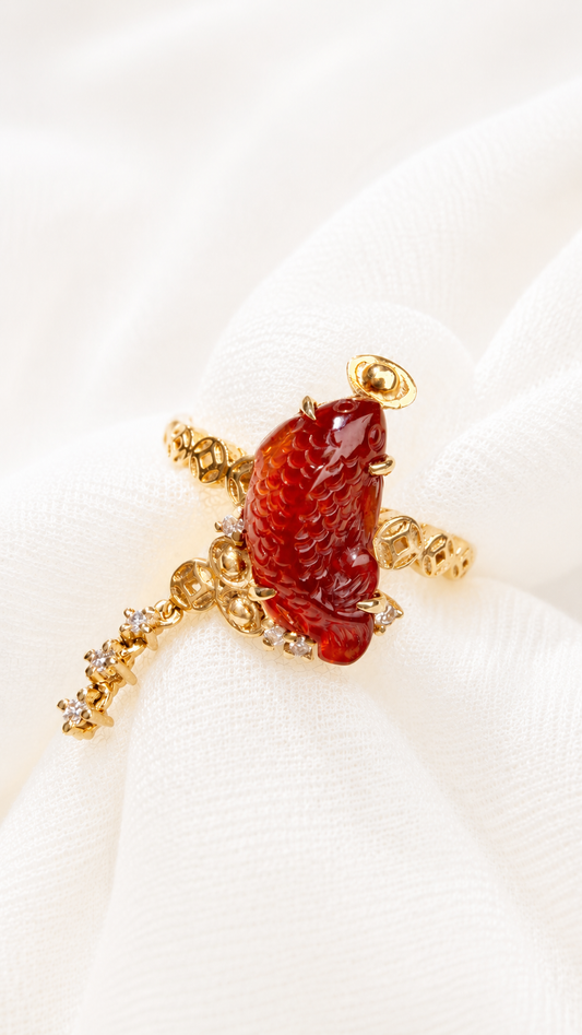 Natural Untreated Red Jadeite Jade Koi Ring in 18K Gold