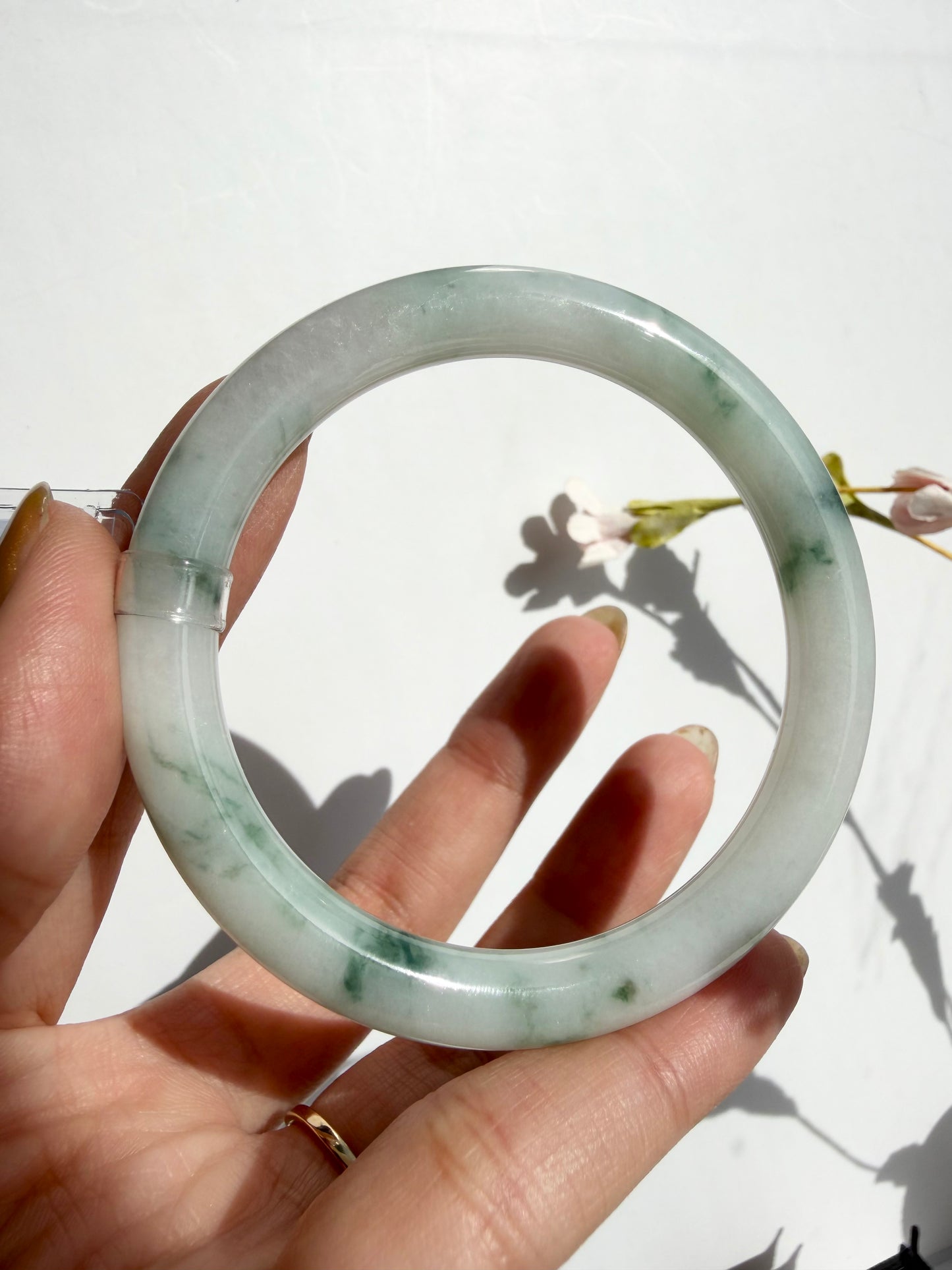 Floating Green Flower Certified Natural Type A Myanmar Jadeite Jade Bangle