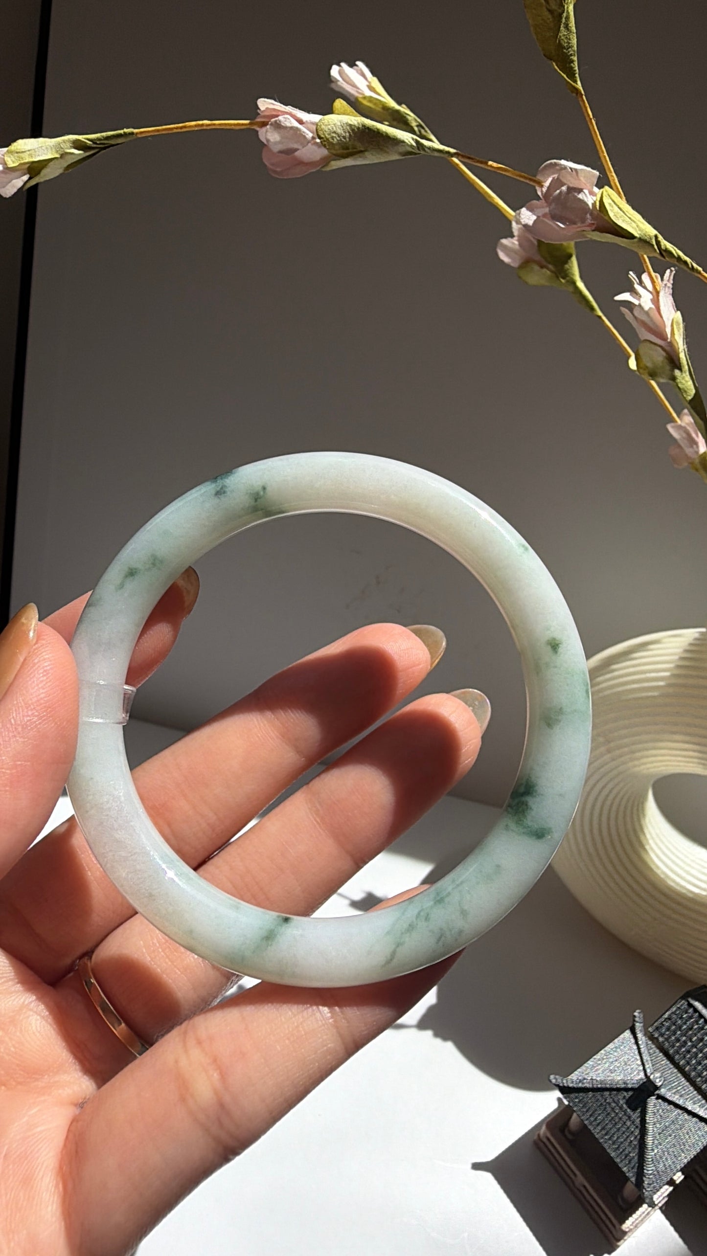 Floating Green Flower Certified Natural Type A Myanmar Jadeite Jade Bangle